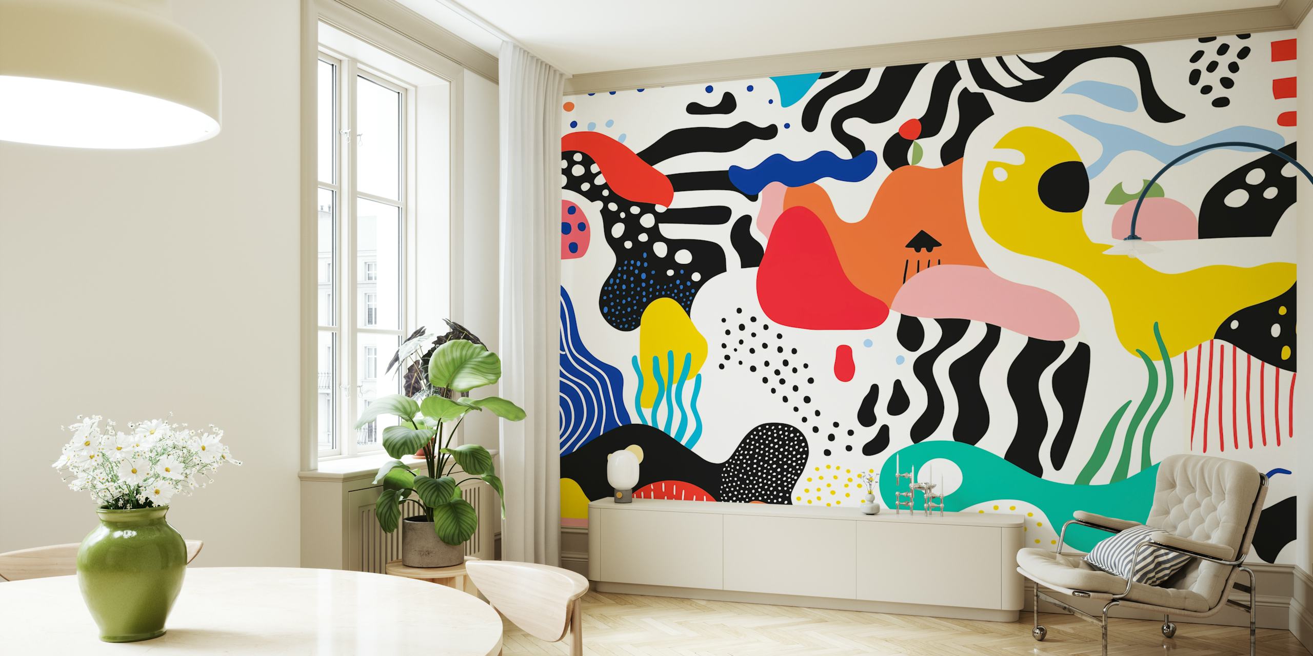 Colorful abstract shapes in black, white, red, and blue wallpaper